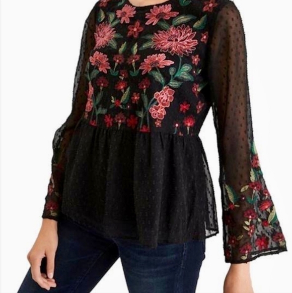 American Eagle Outfitters Peplum Top with Red Floral Embroidery Size Large - Picture 3 of 16